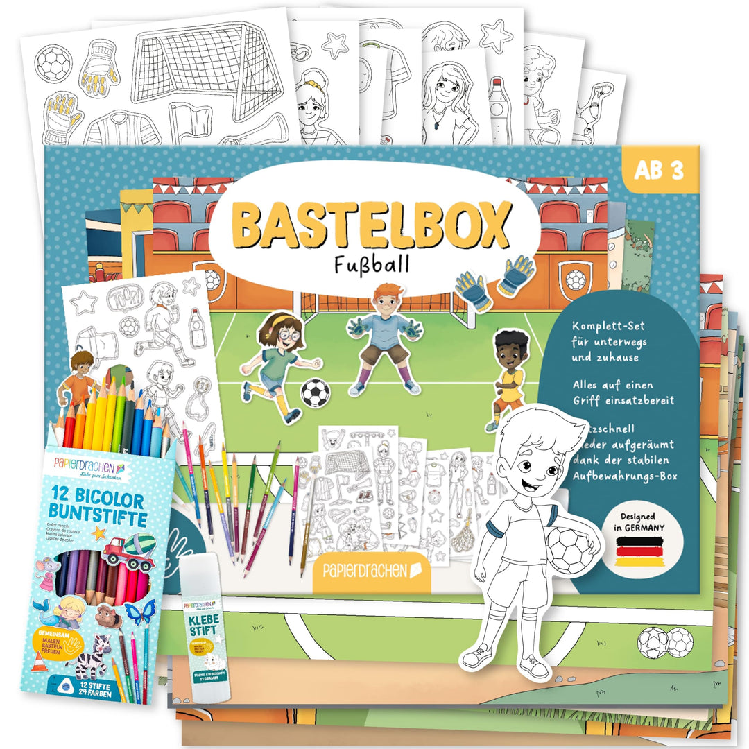 Papierdrachen Bastelbox Fussball - Komplettes Bastelset ab 3 Jahren - Inkl. Buntstifte & Kleber - Kr