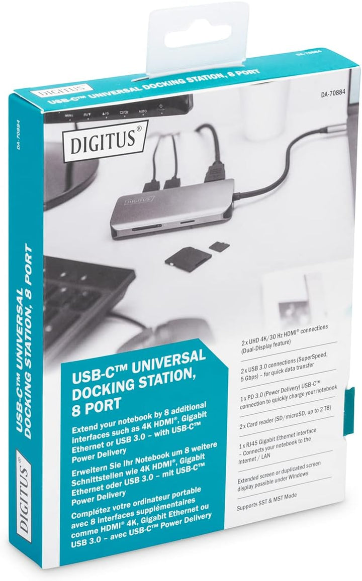 DIGITUS USB-C Docking-Station - 8-Port - Dual-Display-Funktion - 2x HDMI - Gbit LAN - 2 Card-Reader