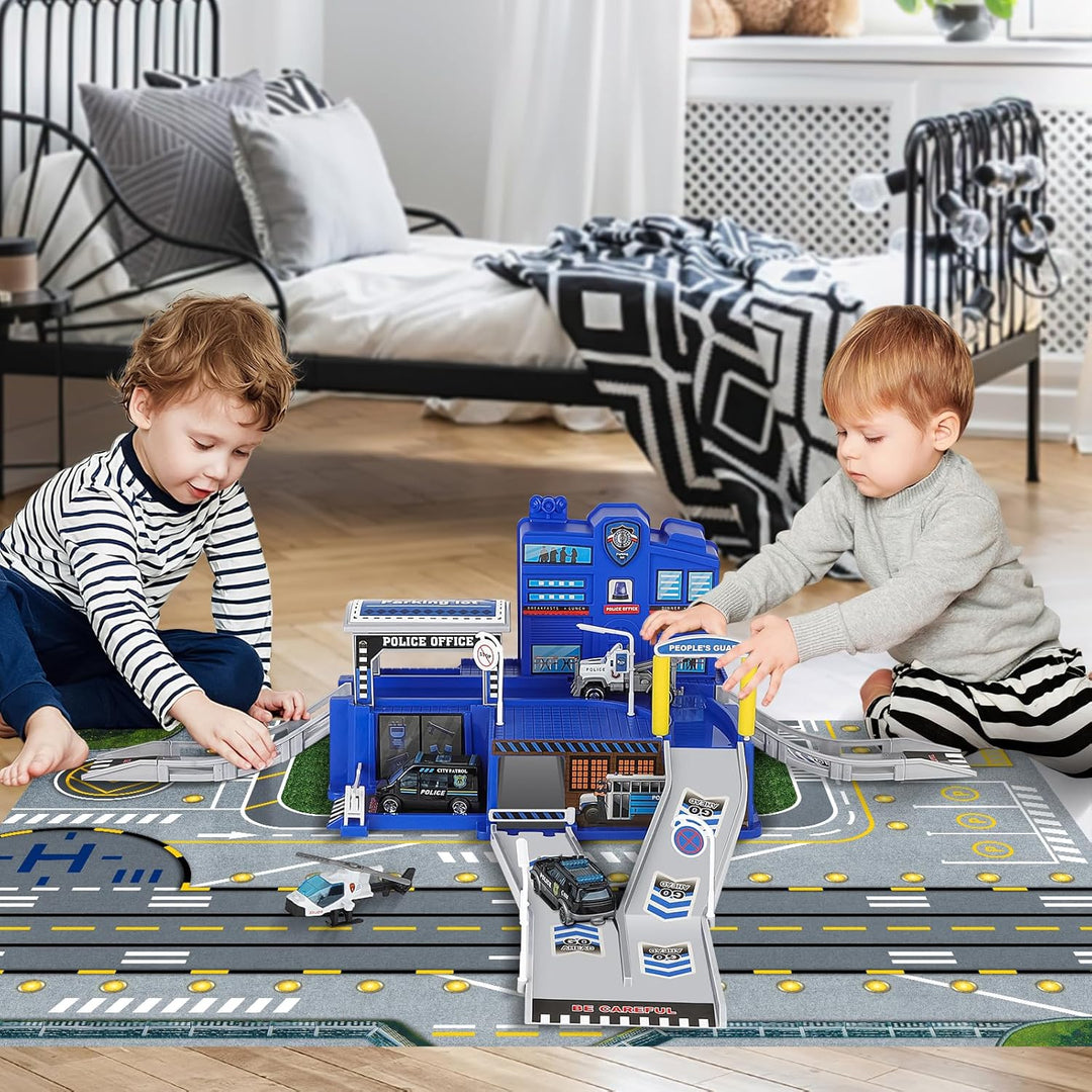deAO City Police Station mit Polizeiauto, Hubschrauber, Polizei Büro Bauen, Polizeistation Bauspielz