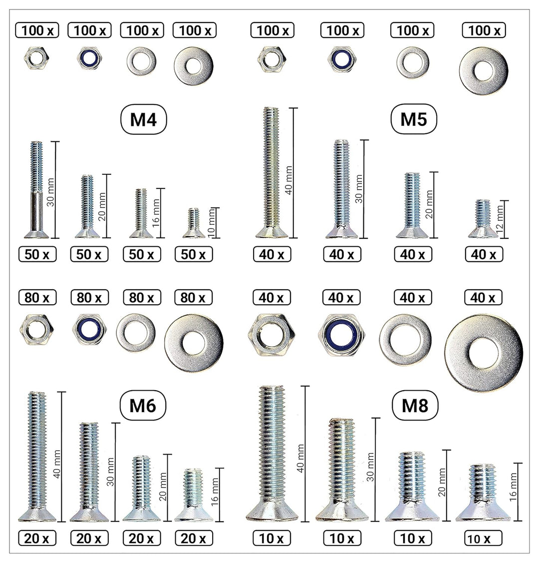 Grosses Schrauben-Sortiment DIN 7991 Senkkopf M4/M5/M6/M8 Edelstahl A2 V2A (DIN 7991+934+985+125+902