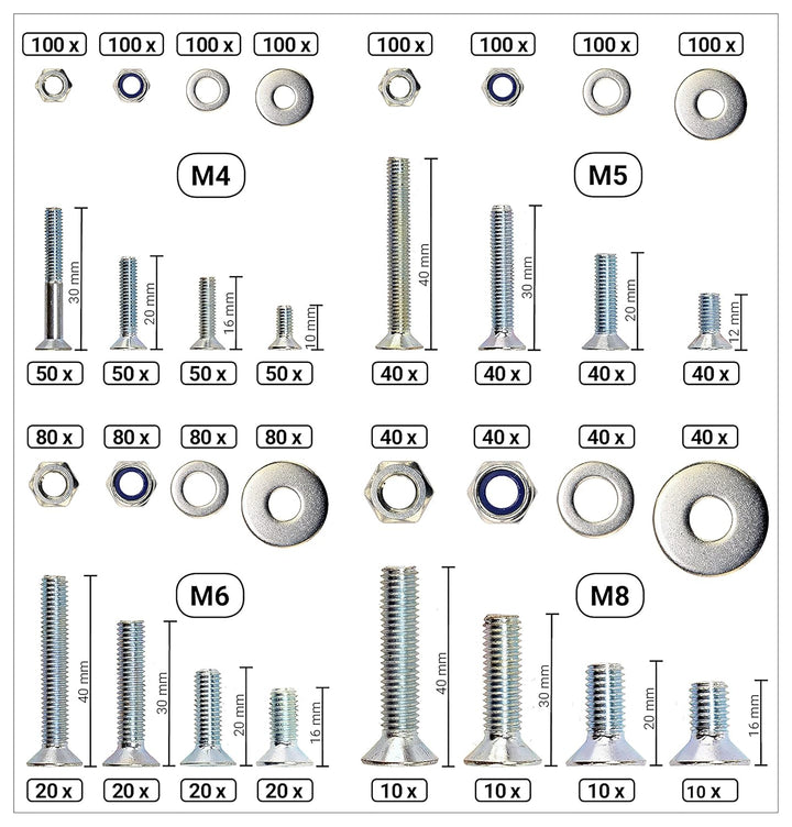 Grosses Schrauben-Sortiment DIN 7991 Senkkopf M4/M5/M6/M8 Edelstahl A2 V2A (DIN 7991+934+985+125+902