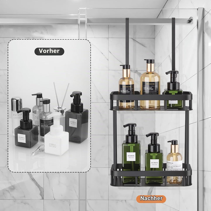 Duschablage zum Hängen, Duschablage Ohne Bohren mit 2 Duschkörben, Duschkorb zum Hängen für Glasdusc