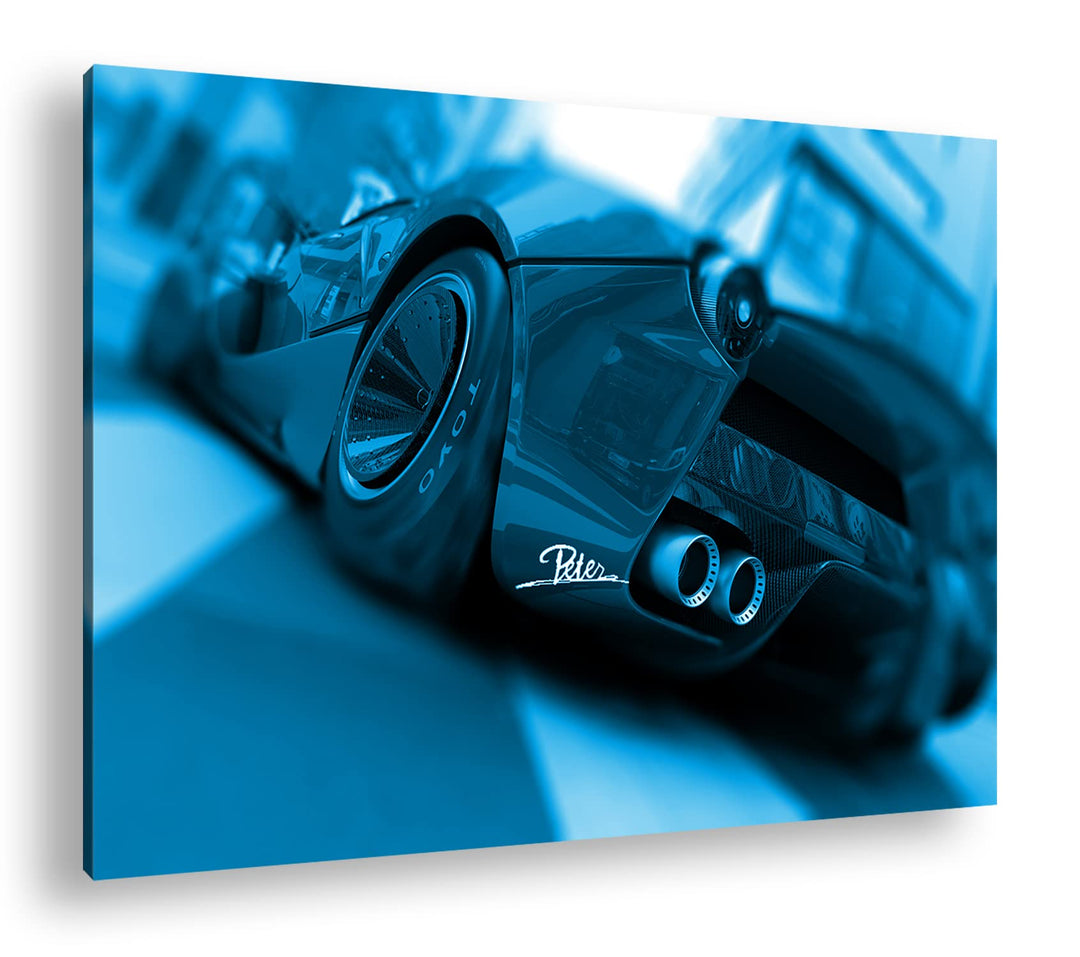 deyoli eleganter roter Sportwagen Format 80x60 Effekt: Monocrome Blau als Leinwandbild, Motiv fertig