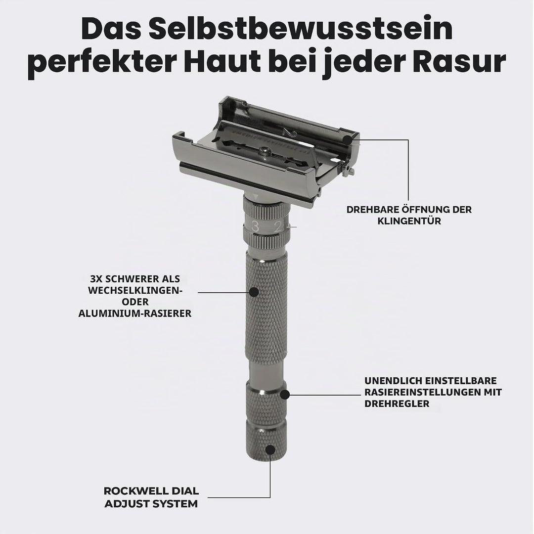 Rockwell T2 | Twist-To-Open (TTO) Doppelschneidiger Sicherheitsrasierer | Vollmetall | inklusive 5 v