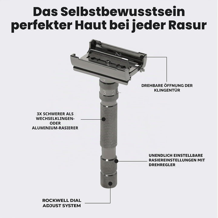 Rockwell T2 | Twist-To-Open (TTO) Doppelschneidiger Sicherheitsrasierer | Vollmetall | inklusive 5 v