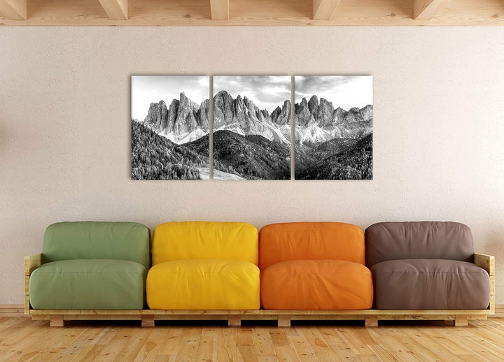 Pixxprint Bunte Waldlandschaft vor den Dolomiten, Monochrome, XXL Leinwandbild in Übergrösse 180x80m