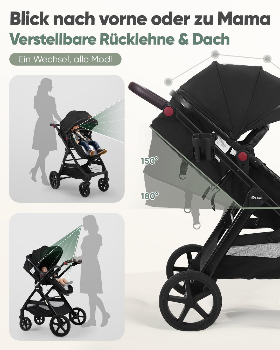 Sekey Kombi Kinderwagen Baby 3 in 1 Komplettset mit Regenschutz und Moskitonetz, Kinderwagen mit Lie