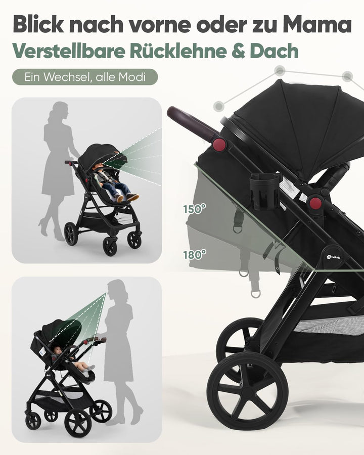 Sekey Kombi Kinderwagen Baby 3 in 1 Komplettset mit Regenschutz und Moskitonetz, Kinderwagen mit Lie