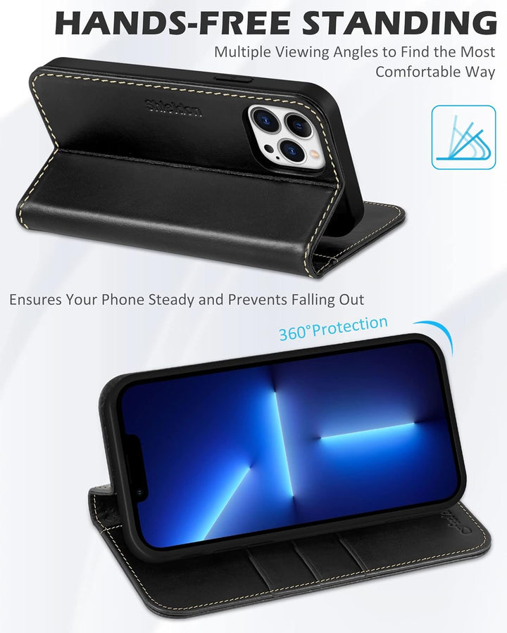 SHIELDON Hülle für iPhone 13 Pro Max, Stossfeste Schuzhülle [Echtleder] [Kartenfach] [Stand] [Verdic