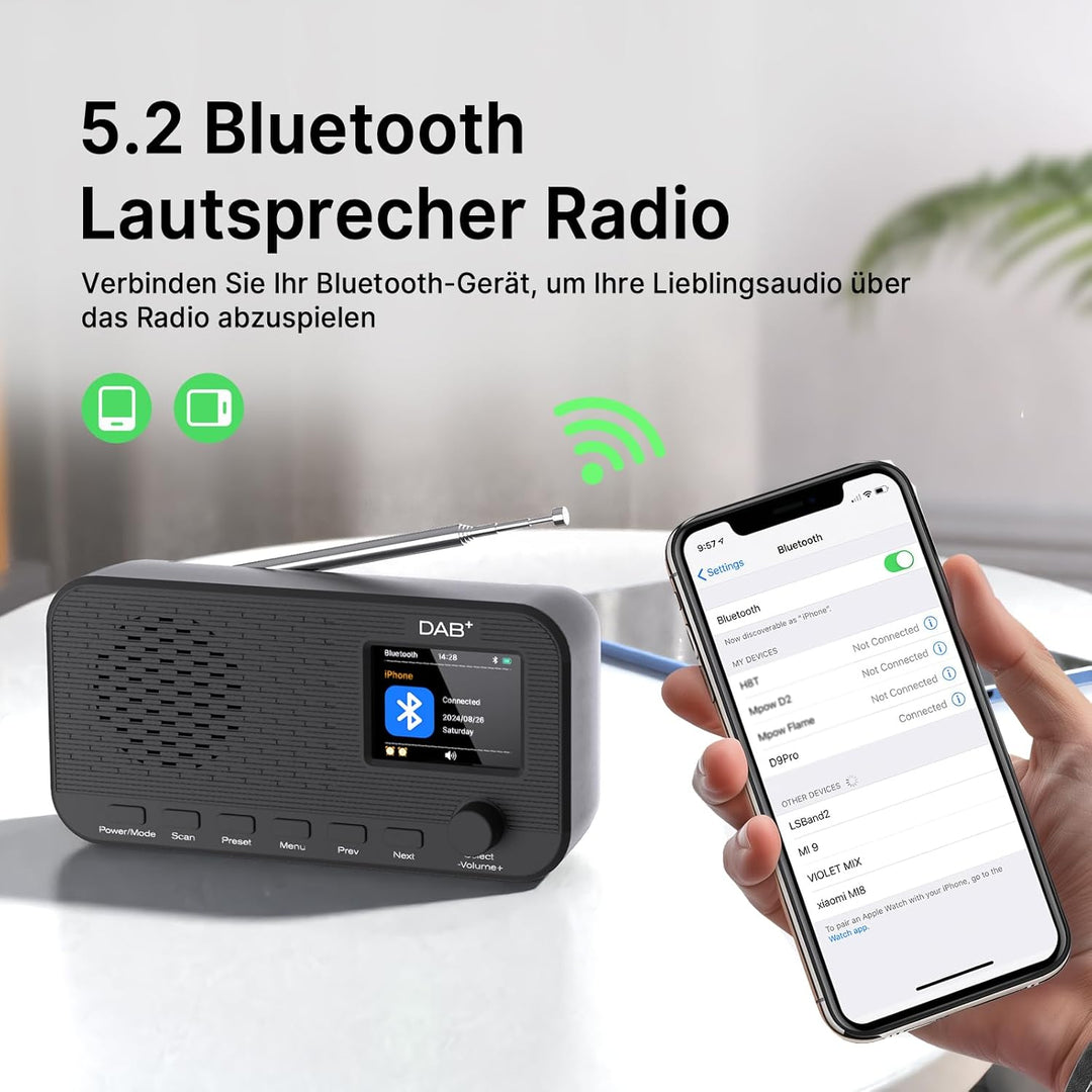 DAB Radio mit Bluetooth, wiederaufladbares UKW-Digitalradio, Radios batteriebetrieben, tragbares DAB