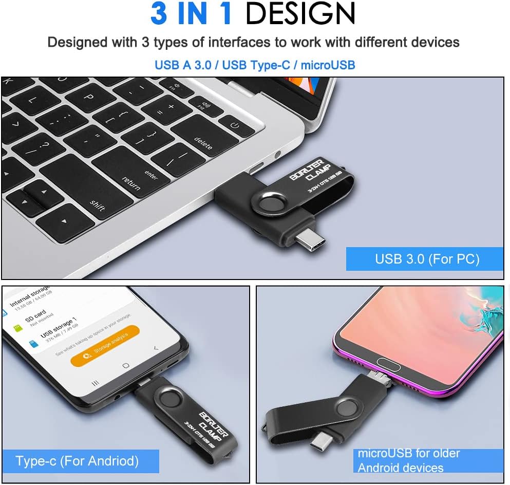 64 GB USB 3.0 Flash-Laufwerk 3 in 1 Foto-Stick für Android-Handys, BORLTER CLAMP OTG Speicherstick m