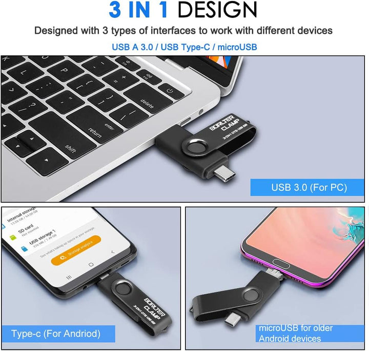 64 GB USB 3.0 Flash-Laufwerk 3 in 1 Foto-Stick für Android-Handys, BORLTER CLAMP OTG Speicherstick m