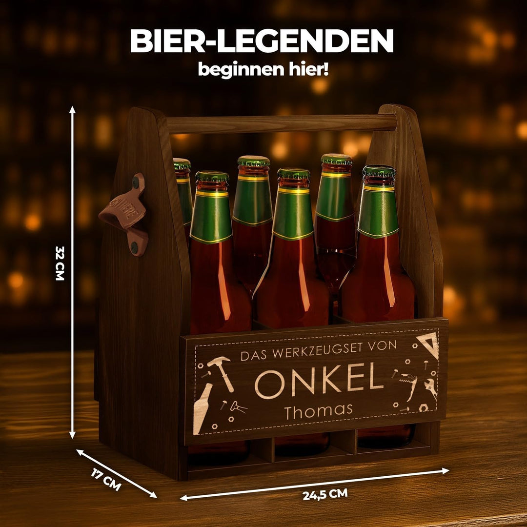 Maverton Bierträger für 6 Flaschen 0,5L + Gravur - Männerhandtasche mit Flaschenöffner - Grösse: 25x