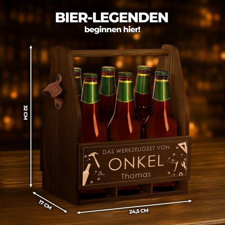 Maverton Bierträger für 6 Flaschen 0,5L + Gravur - Männerhandtasche mit Flaschenöffner - Grösse: 25x