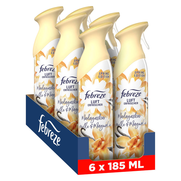 Febreze Lufterfrischer Spray Madagaskar Vanille 6x185 ml, 2-in-1 Geruchsbekämpfung und Frische Multi