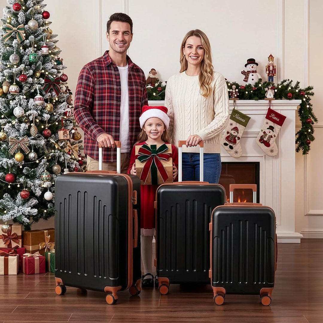 LALAHO Zwillingsrollen Reisekoffer Handgepäck Koffer Trolleys Hartschale M-L-XL-Set (Schwarz-Braun,