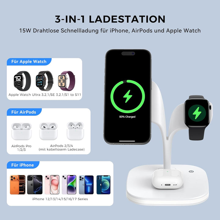 3 in 1 Ladestation für Apple Watch und iPhone mit Magsafe Ladegerät Magnetisch für iPhone 17 Air 16