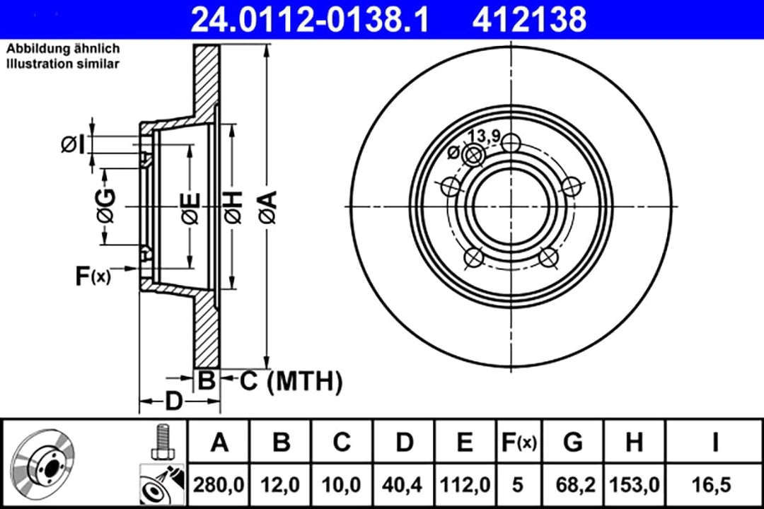 ATE Original Bremsscheibe - 2 Bremsscheiben - 24.0112-0138.1 - ECE-R90 Strassenzulassung