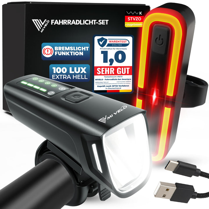 MIVELO SMART Fahrradlicht Set 100LUX, 2000mAh Power-Akku, Auto-Sensor, StVZO zugelassen, USB aufladb