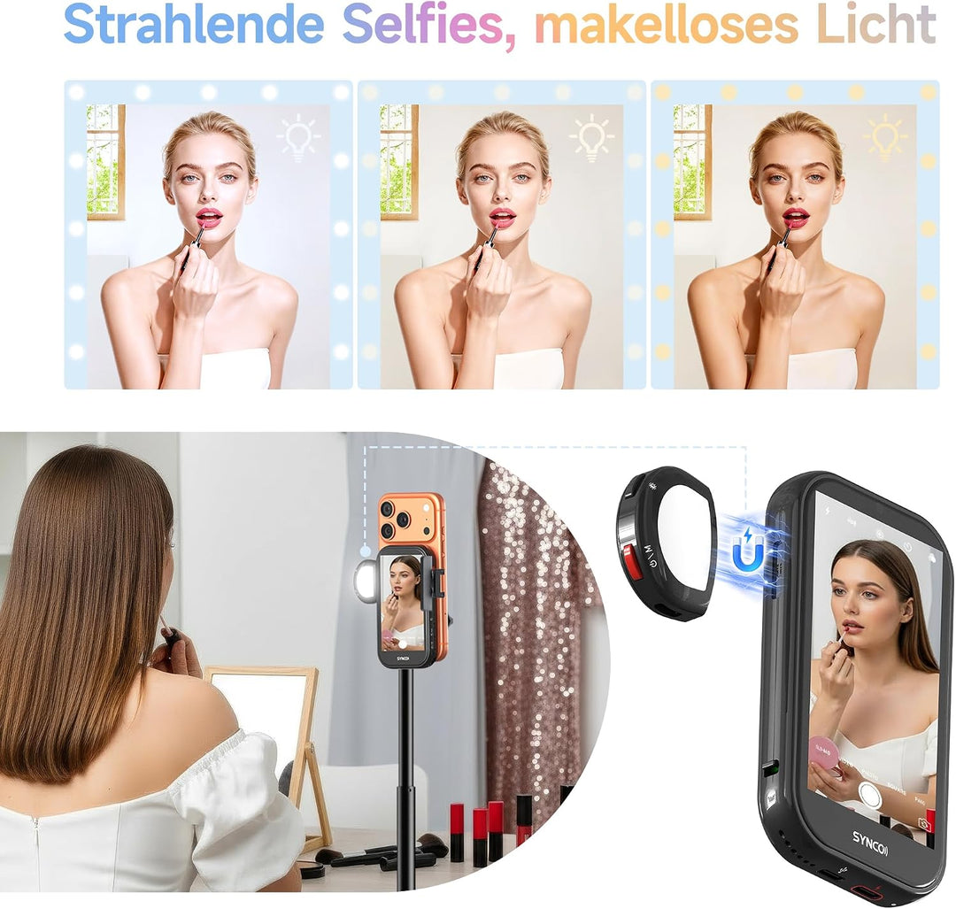 SYNCO XView M4 AI Handy Selfie Monitor mit Licht für iPhone 7-17 (Schwarz) | KI-Gestensteuerung, 4K