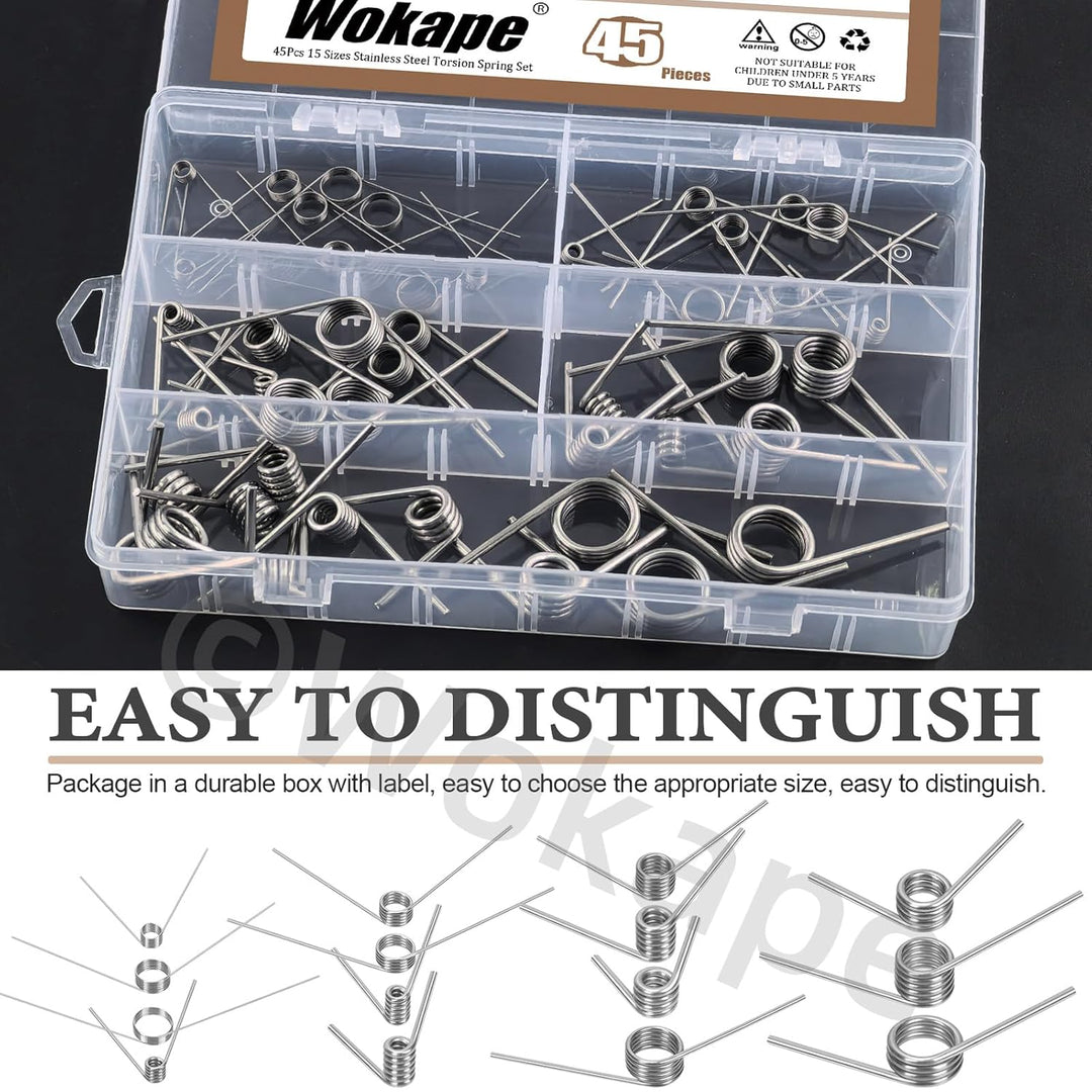 45pcs 15 Grössen Edelstahl Torsionsfeder Set, 0.5/1 /1.5/2 /2.5mm Drahtdurchmesser 45°& 90°& 120°Tor