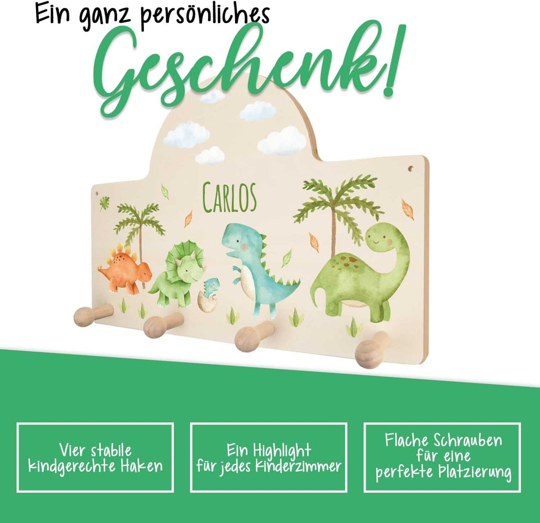 GRAVURZEILE Personalisierte Kindergarderobe - Dino - Personalisiert mit Name - Garderobe aus Holz mi