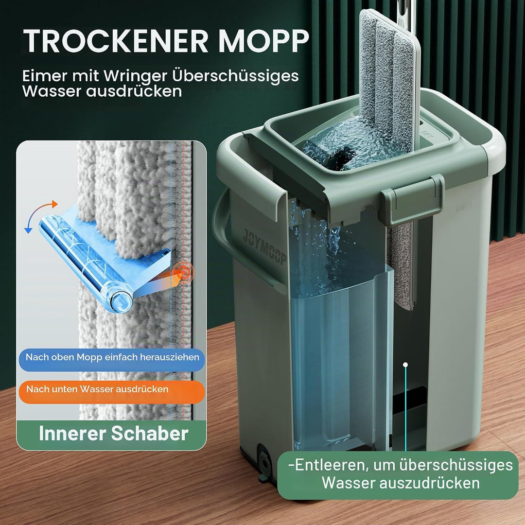 JOYMOOP Wischmopp und Eimer mit Auswringer-Set, Flacher Quetschmopp mit Eimer (X-Large), Staubwische
