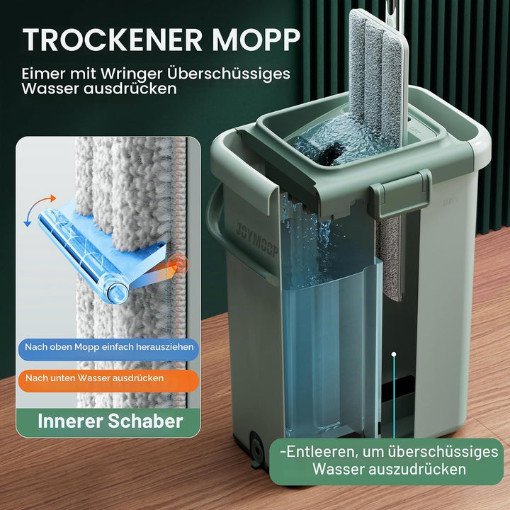 JOYMOOP Wischmopp und Eimer mit Auswringer-Set, Flacher Quetschmopp mit Eimer (X-Large), Staubwische