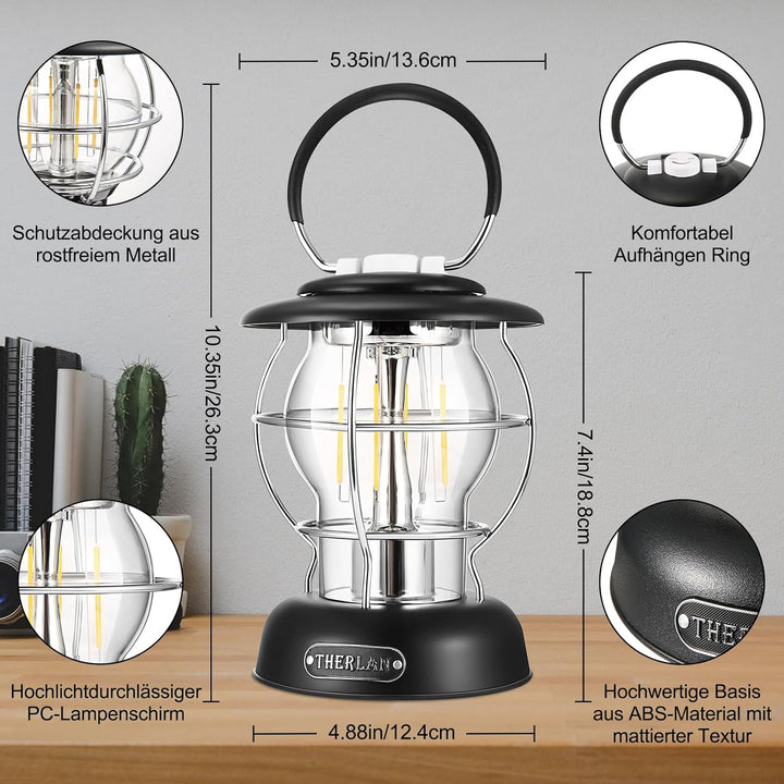 Therlan campinglampe, Retro Camping Laterne, (320LM, IP44, 5000mAh, bis zu 180h) 3 Helligkeiten Leuc