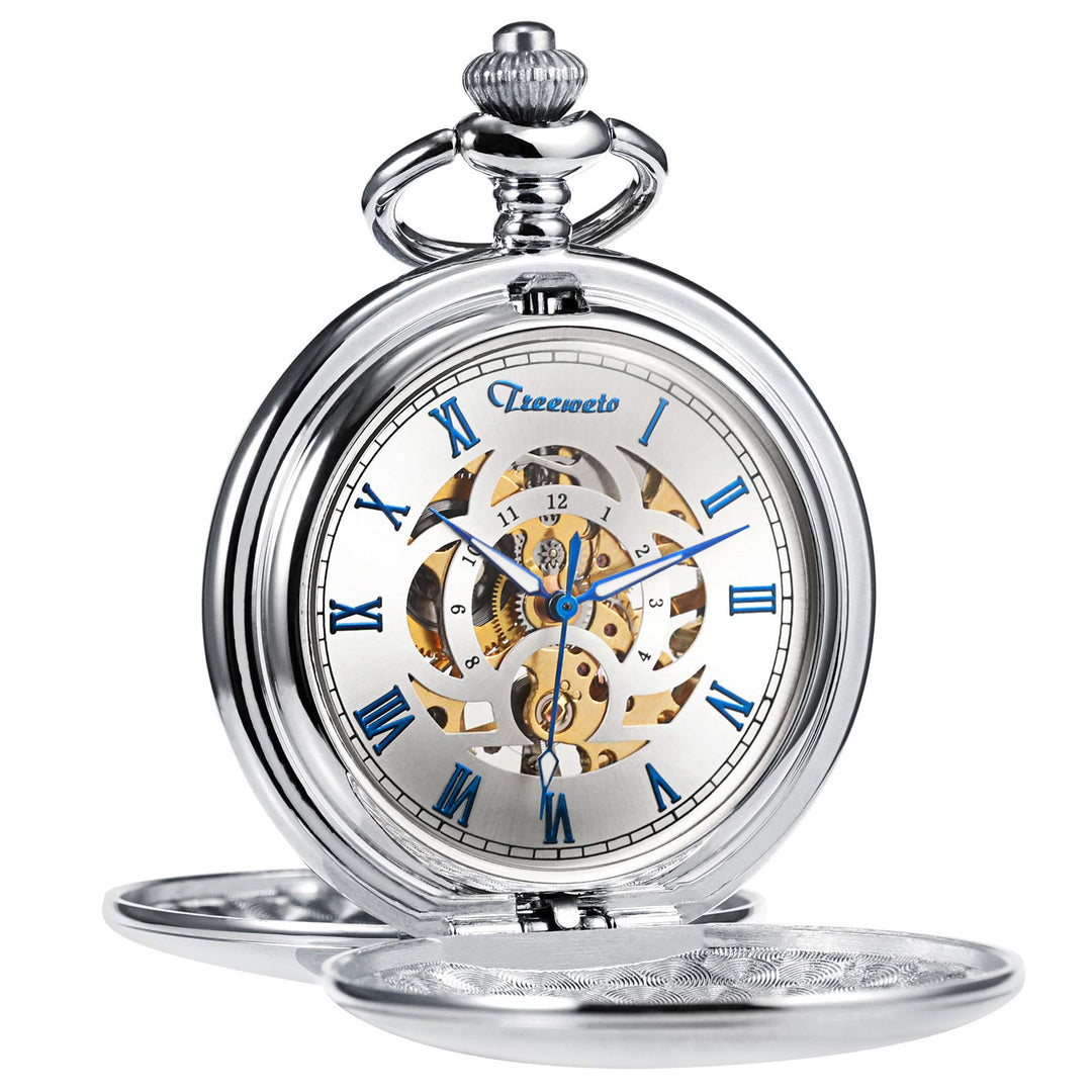 TREEWETO Taschenuhr Unisex Taschenuhr mit Kette Analog Mechanisch Handaufzug Doppelscharnier Antik R