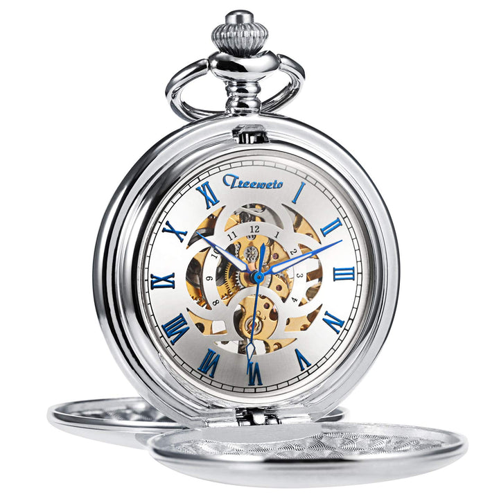 TREEWETO Taschenuhr Unisex Taschenuhr mit Kette Analog Mechanisch Handaufzug Doppelscharnier Antik R