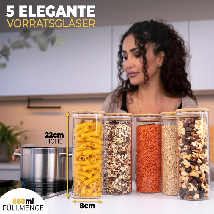 Vorratsgläser mit Deckel, Rund - 5x 850ml, Erhöhte Glasstärke, Vorratsdosen mit Deckel luftdicht, Au
