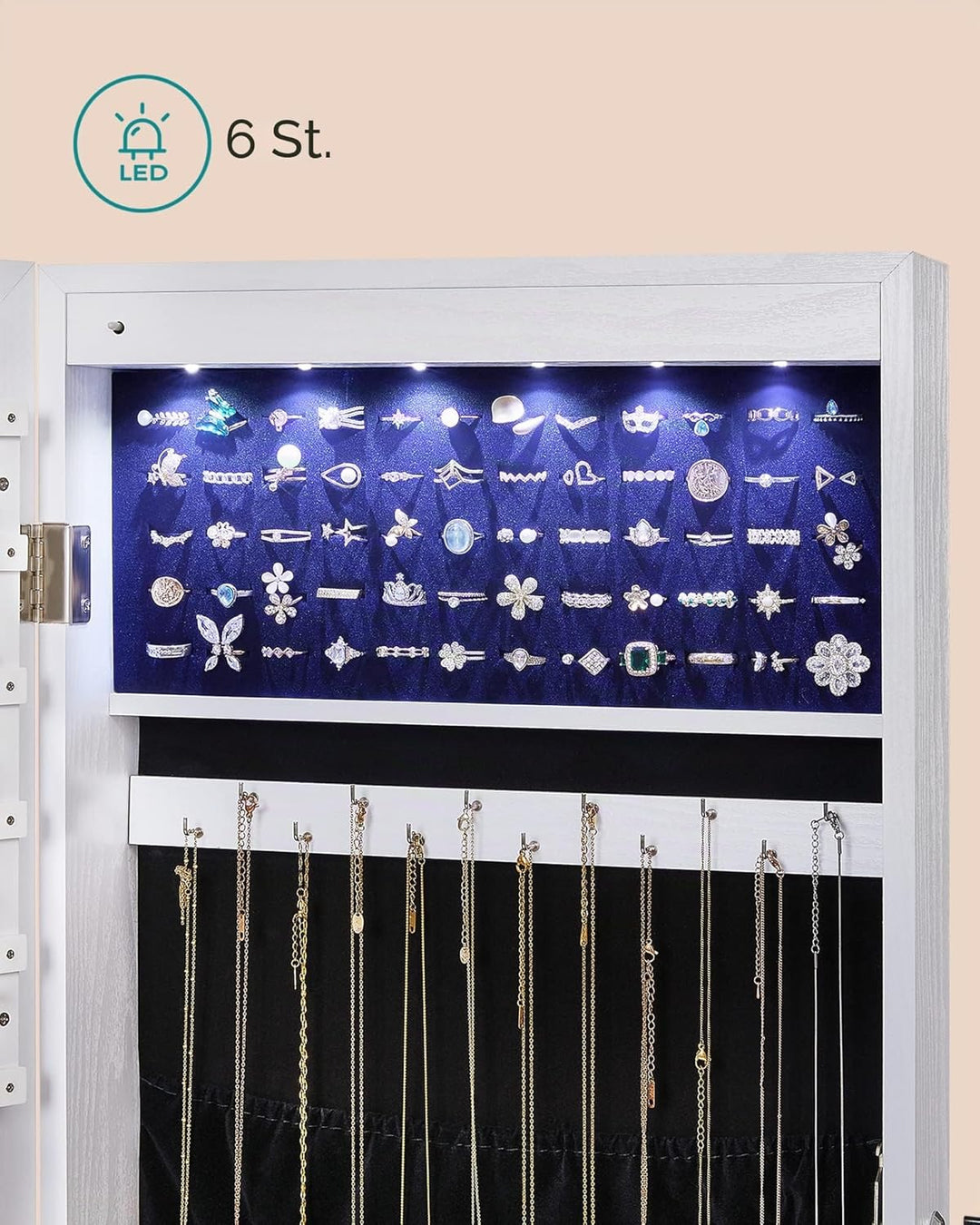 SONGMICS Schmuckschrank hängend, Spiegelschrank mit LED-Innenbeleuchtung, Wandschrank mit Ganzkörper