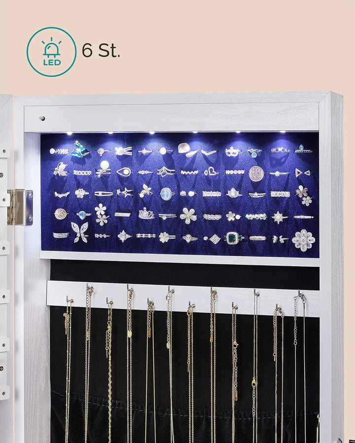 SONGMICS Schmuckschrank hängend, Spiegelschrank mit LED-Innenbeleuchtung, Wandschrank mit Ganzkörper