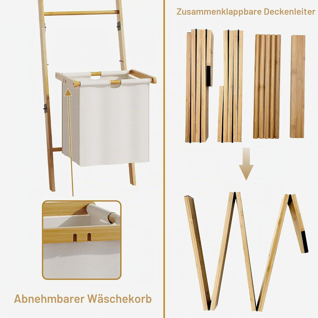 BAMBANG Deckenleiter mit Korb, 5-stufige Decken- und Steppdeckenhalterung Leiter Handtuchhalter mit