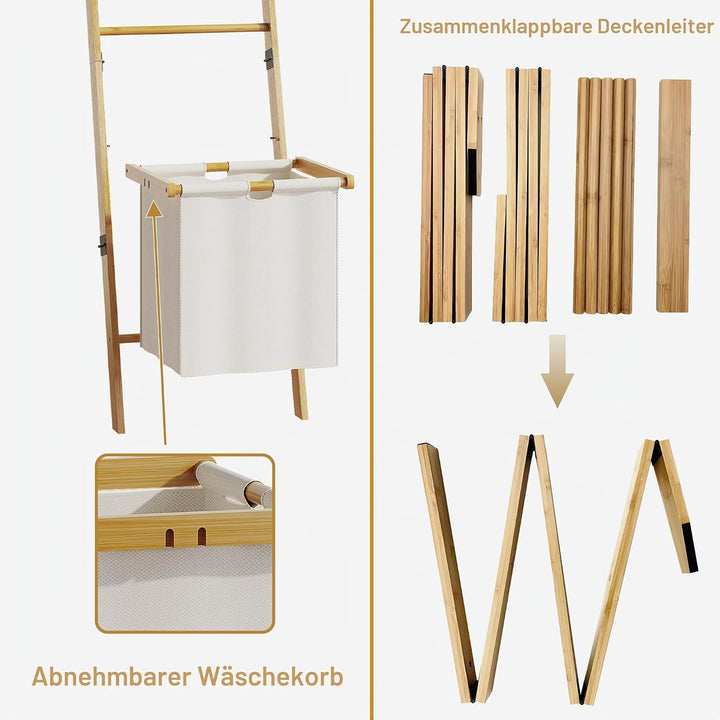 BAMBANG Deckenleiter mit Korb, 5-stufige Decken- und Steppdeckenhalterung Leiter Handtuchhalter mit