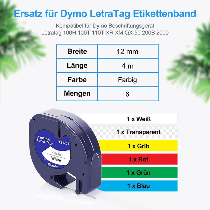 6x Etikettenband Ersatz für Dyno Letra Etikettenband 12mm x 4m 16951 91221 91222 91223 91224 91225 E