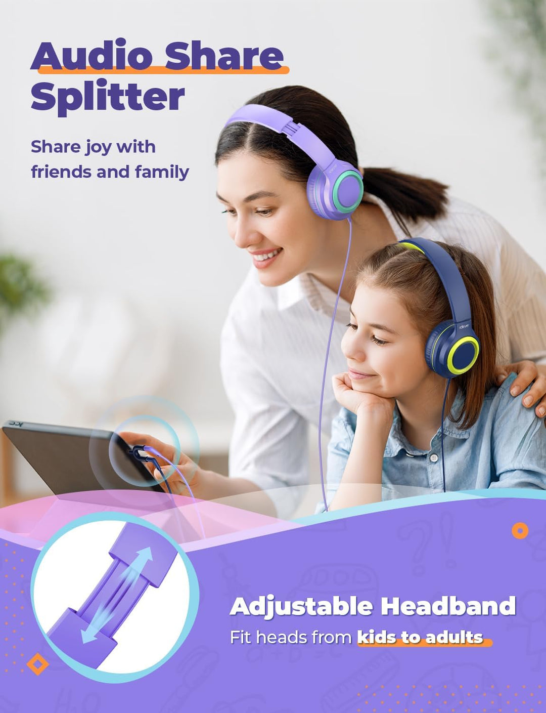 iClever Kinder Kopfhörer mit Sharing Splitter [2 Pack]- 85dBA Safe Volume Limited - HS22 Kopfhörer f