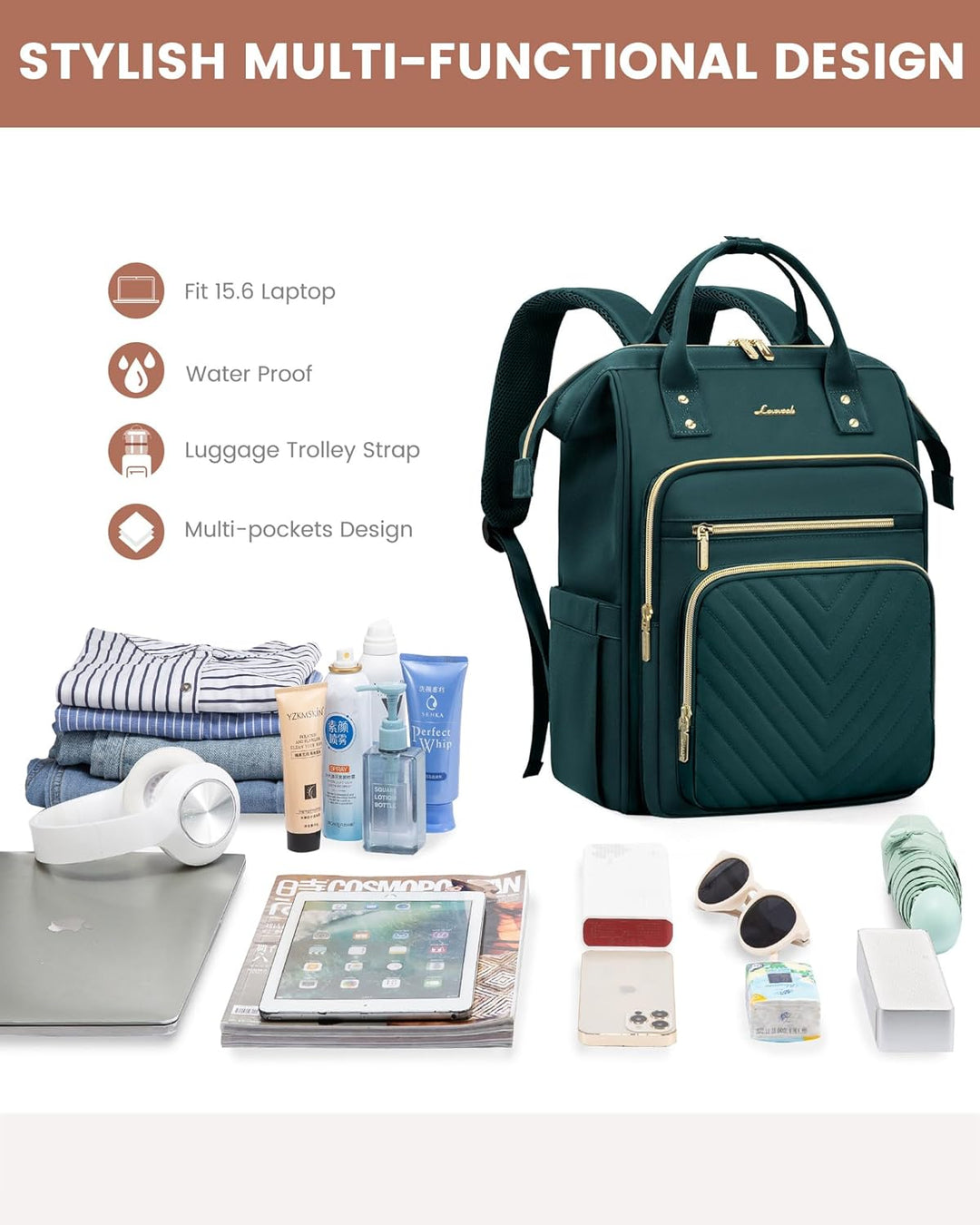 LOVEVOOK Rucksack Damen, 15,6 Zoll Laptop Schulrucksack Teenager Mädchen Wasserdicht, Elegant Reiser