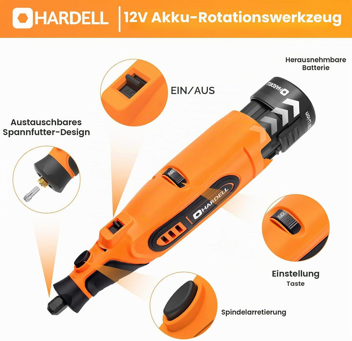 HARDELL 12V Akku Multifunktionswerkzeug Set mit 43 Zubehörteilen, 6-Gang Drehzahlregelung (10.000–25