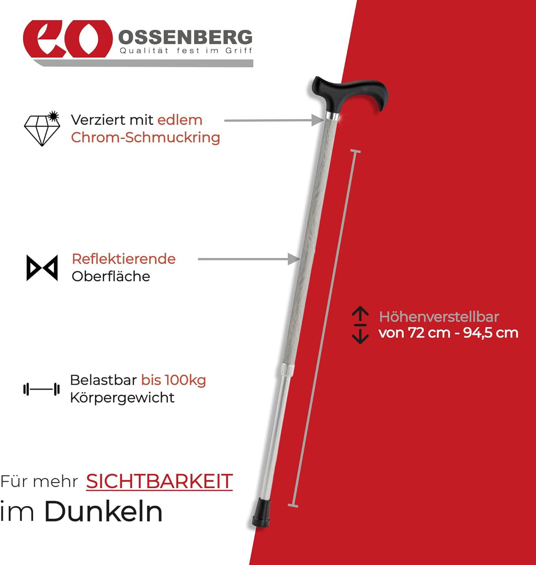 Ossenberg Reflektierender Leichtmetallstock mit Derbygriff - Spazierstock für Damen und Herren - 10-