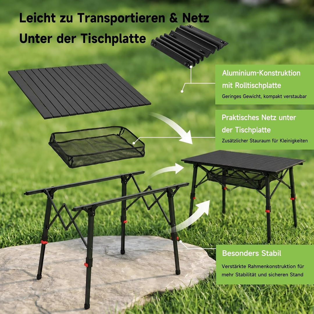 HAUSPROFI Campingtisch Klappbar Aluminium Höhenverstellbar 93x53cm Falttisch mit Aufrollbarer Tischp
