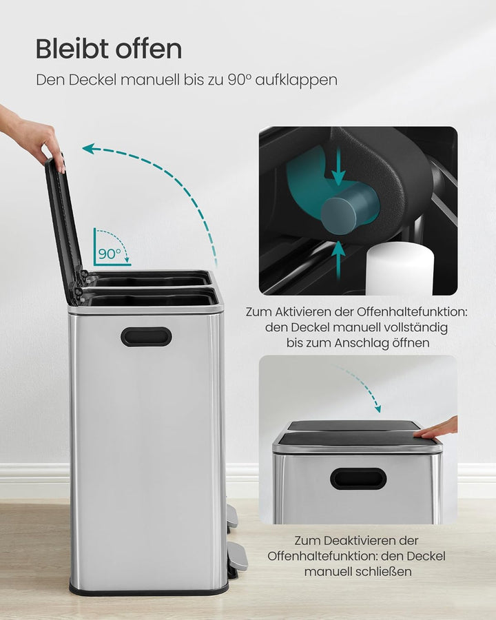 SONGMICS Mülleimer, 2 x 40 Liter, 2 Fächer, Mülltrennsystem, Treteimer, Abfalleimer Küche, 15 Müllsä