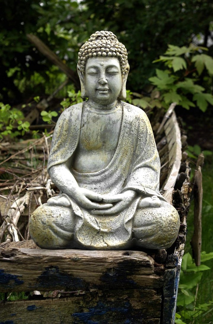 GeKi Trend Buddha Garten Figur 30,5 cm gross frostfest wetterfest grau Antik Stein-Optik Deko