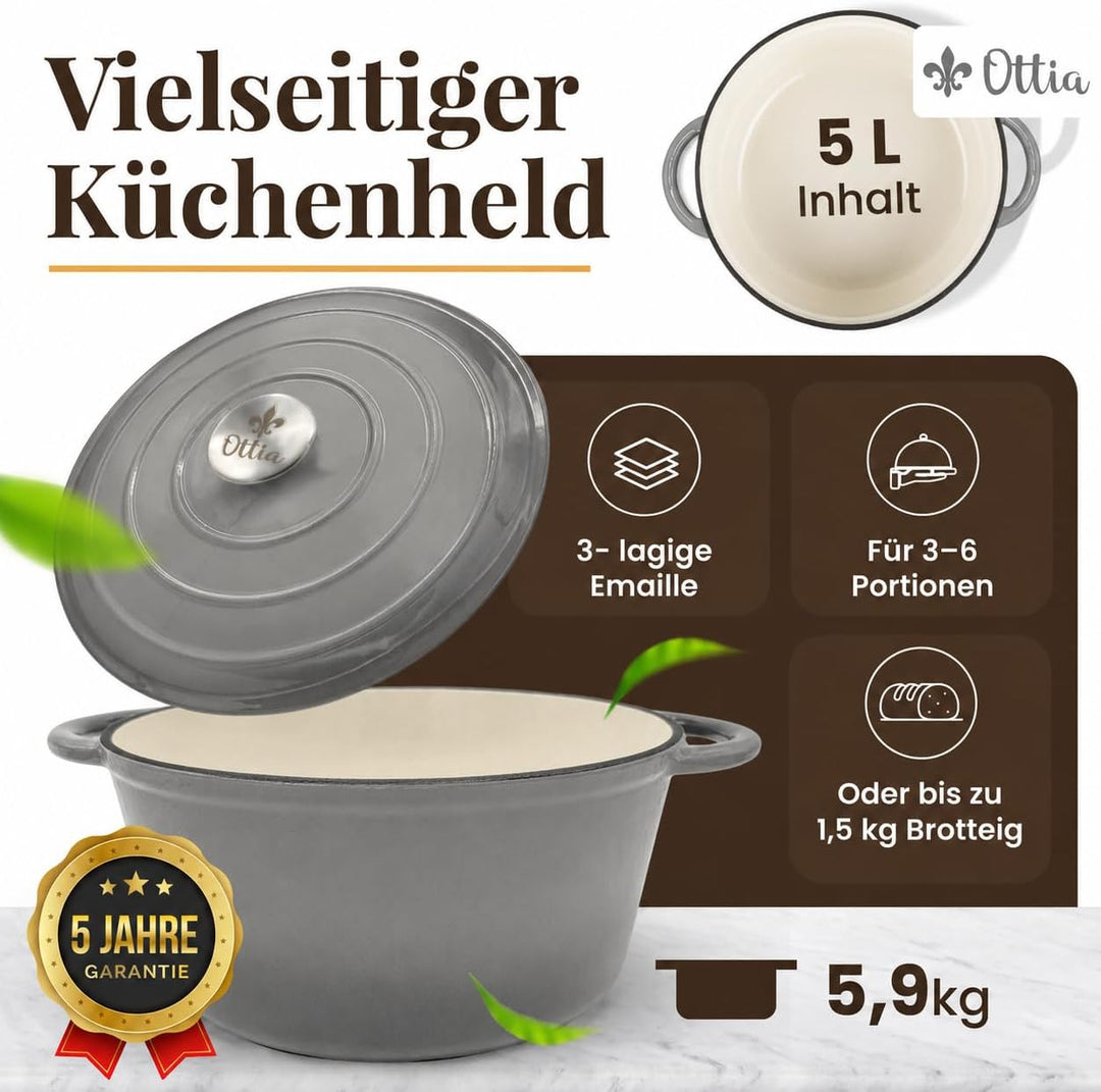 Ottia Gusseisen Topf [inkl. eBook] – Emaille Topf 26cm - Dutch Oven, Brotbackform, Brotbacktopf, Sch