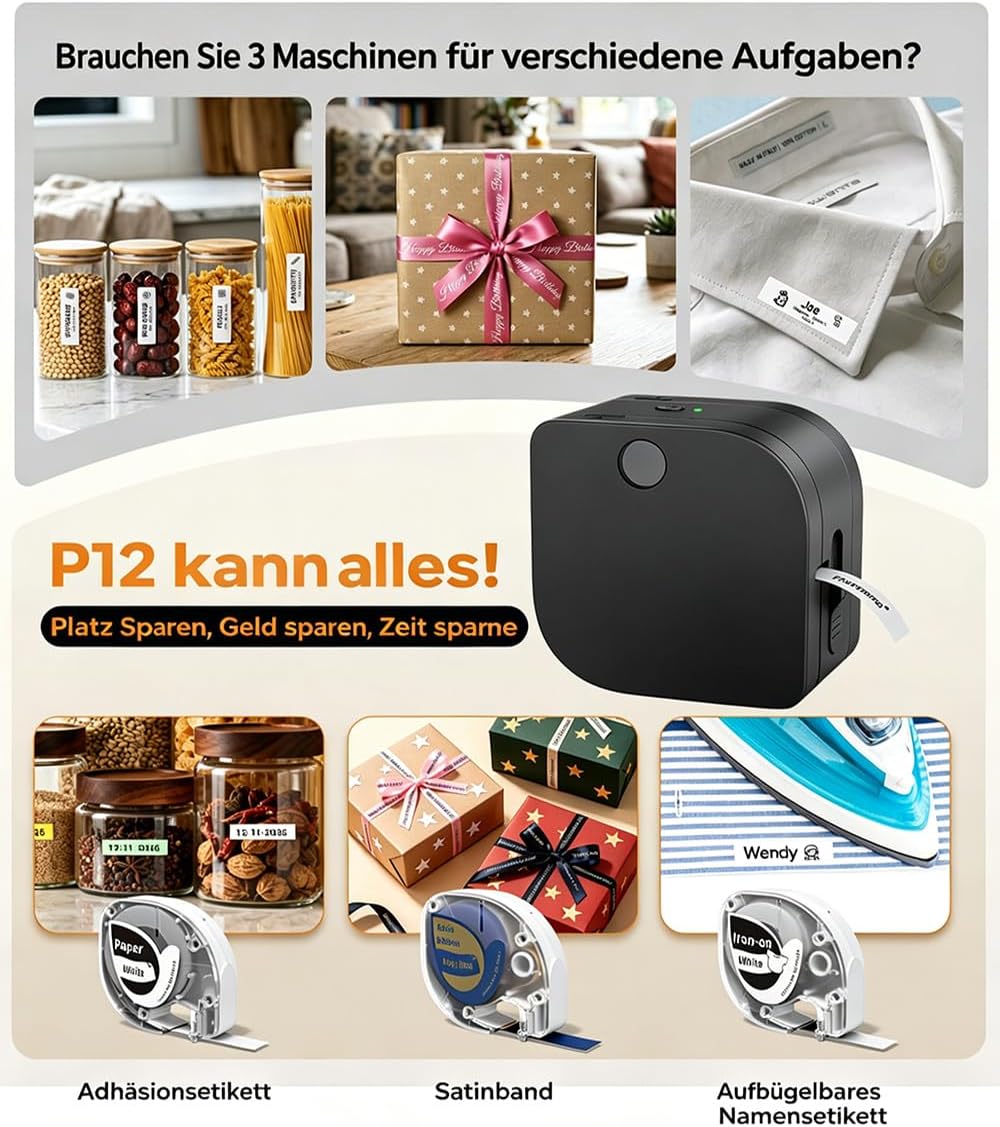 Phomemo P12 Beschriftungsgerät, Mini Etikettendrucker Bluetooth, Etikettiergerät Selbstklebend Kompa