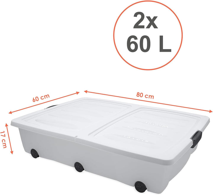 Spetebo XXL Unterbettkommode mit Klappverschluss 2er Set - 60 Liter - Aufbewahrungs-Rollbox mit zwei