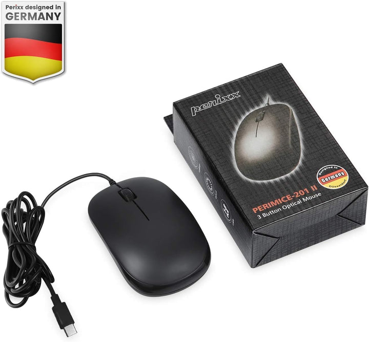Perixx PERIMICE-201C USB-C kabelgebundene optische Maus mit 3 Tasten, Scrollrad, 1000 DPI, Schwarz S