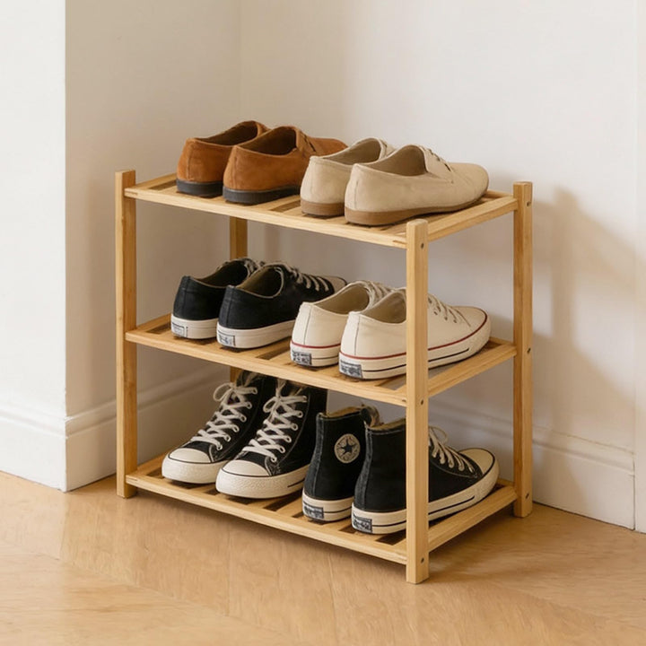 Kleines Schuhregal, Mehrzweck-Schuhregal mit 3 Ebenen, kleine Bambusregale für Schuhe, Pflanzen, Büc