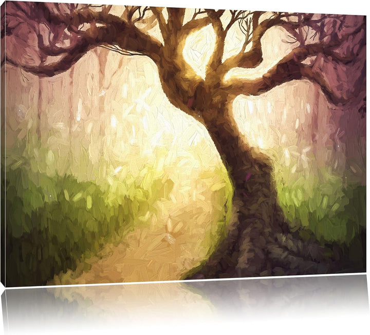 Pixxprint Riesiger Baum am Waldweg Pinsel Effekt, Format: 100x70 auf Leinwand, 100x70